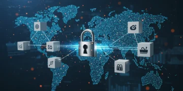 Digital padlock securing a global supply chain with blockchain technology, enhancing security and transparency for US businesses.