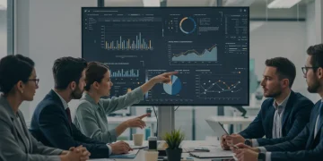 Business team reviewing data privacy compliance software dashboard