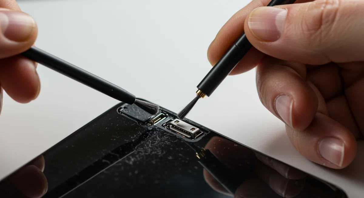Person cleaning smartphone charging port for maintenance
