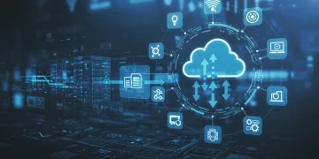 Illustration of data migrating to the cloud with various software tools.