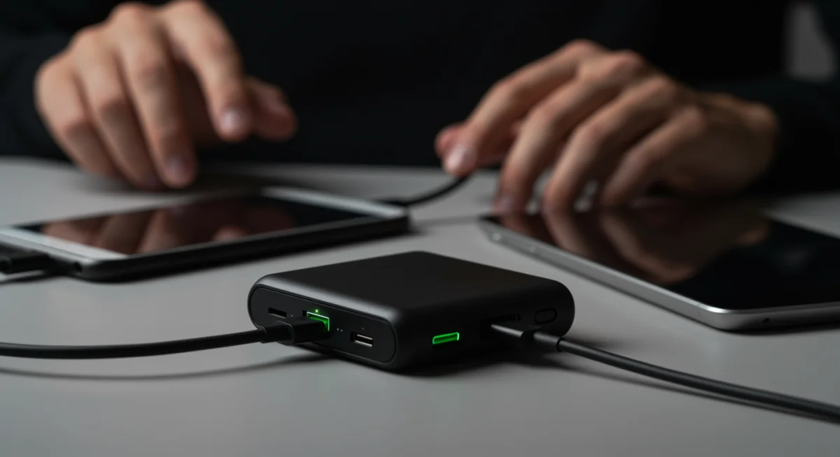 Compact power bank charging multiple devices simultaneously