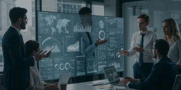 Team analyzing complex data visualizations on a large screen using business intelligence software.