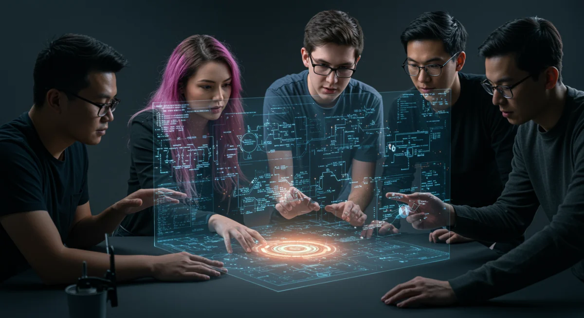 US developers collaborating on quantum circuit diagrams and algorithms.