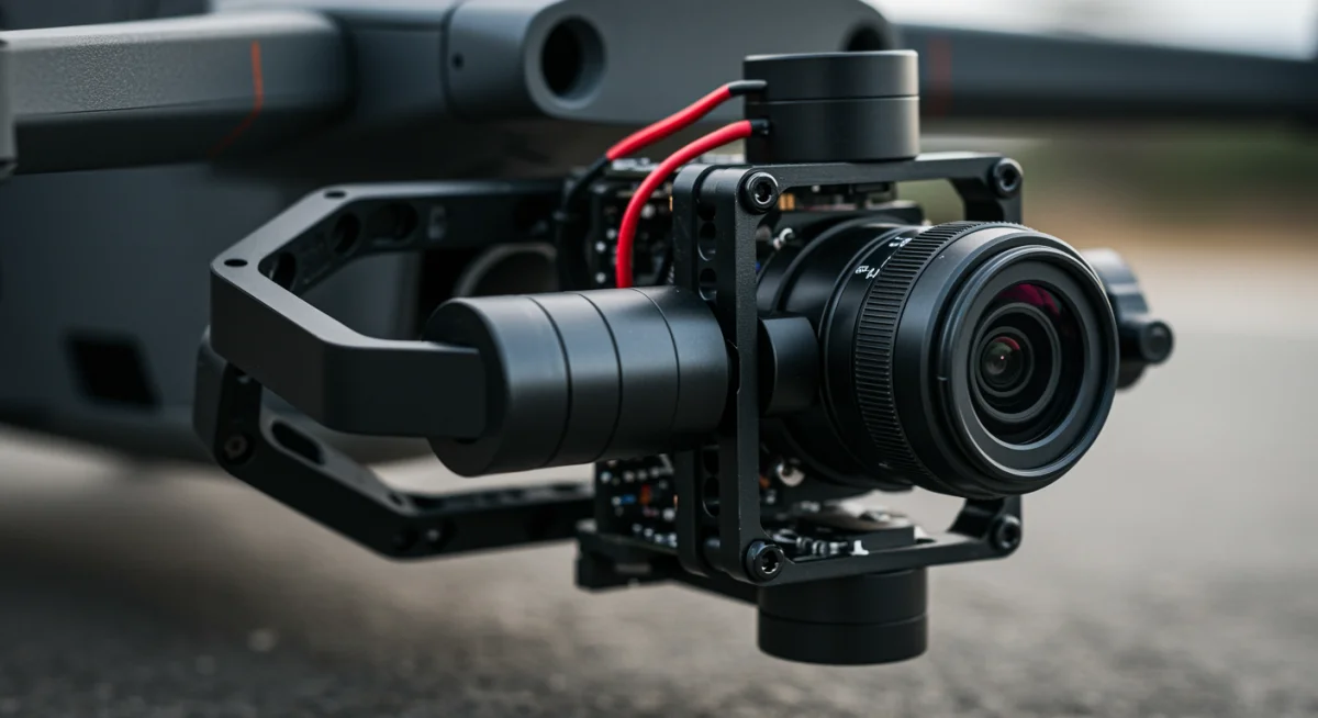 Close-up of a drone's advanced camera gimbal and lens for stabilized footage.