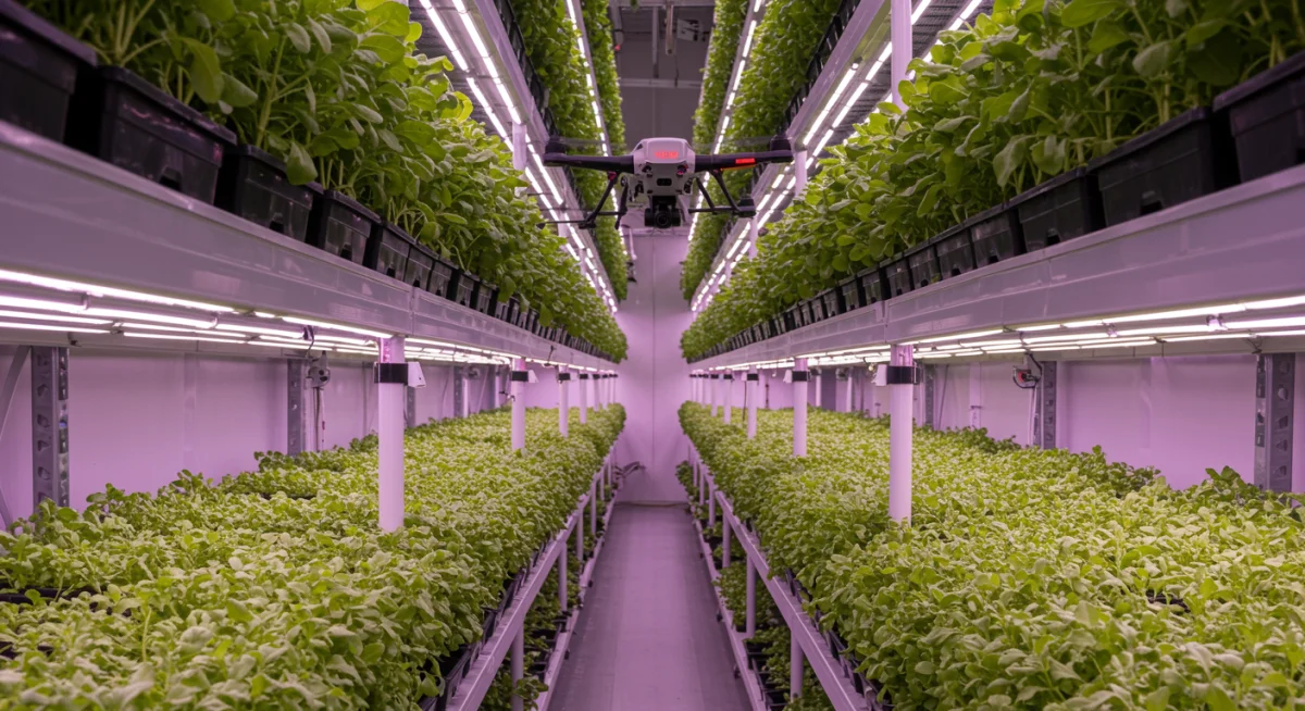Agricultural drone precisely inspecting crops in a vertical farm with sensors and camera.