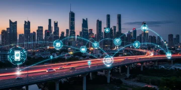 Futuristic cityscape showing data streams flowing to edge devices, symbolizing advanced Edge AI processing.