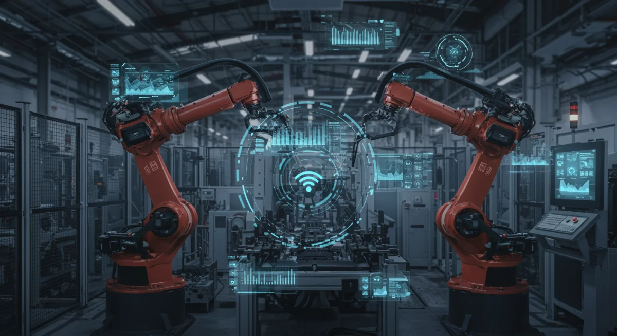 Robotic arms on a factory floor demonstrating real-time Edge AI for predictive maintenance and quality control.