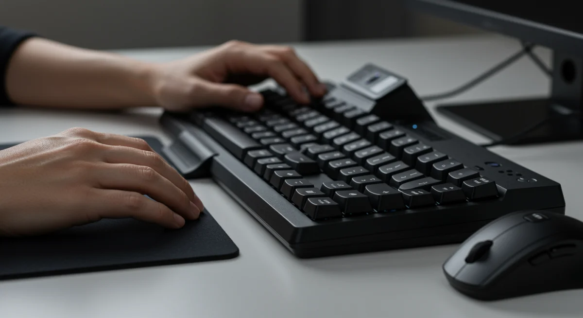 Hands using an ergonomic keyboard and vertical mouse in a home office.