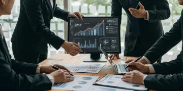 Maximizing ERP ROI: 7 Strategies for Financial Impact in 2026 Business team analyzing ERP ROI dashboard for financial growth