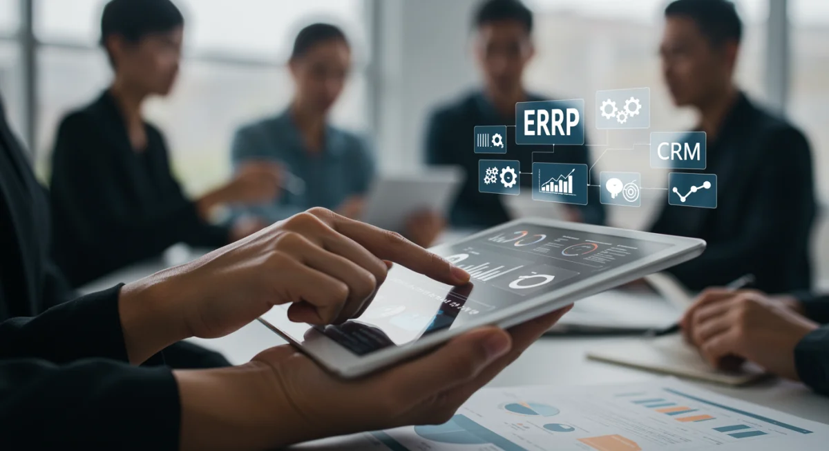 Hand interacting with ERP software on a tablet, showcasing user-friendly interface