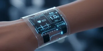 Flexible bio-integrated electronic wearable on a human wrist displaying health data