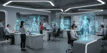 Futuristic customer service center with AI integration