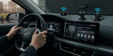 Futuristic car interior with advanced smart gadgets on the dashboard
