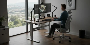Futuristic ergonomic home office setup with advanced gadgets