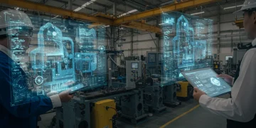Futuristic factory with digital twin projections for operational efficiency