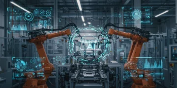 Futuristic factory with robotic arms and real-time data displays, showcasing Edge AI in manufacturing.