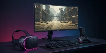 Futuristic gaming setup with VR headset and advanced controller