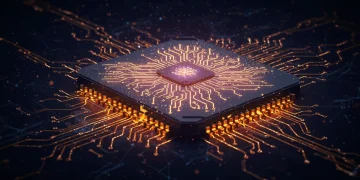 Futuristic neuromorphic chip with glowing neural pathways, representing advanced AI.