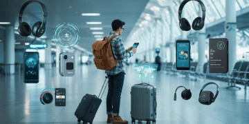 Traveler interacting with smart luggage and futuristic travel gadgets at a modern airport