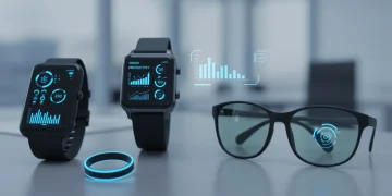 Futuristic wearable technology for productivity in 2026, featuring smartwatches, smart glasses, and smart rings.
