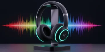 Futuristic wireless headphones on a stand with vibrant digital sound waves, representing advanced audio technology and immersive experiences.