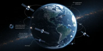 Global satellite network illustrating space tech's commercial boom and investment potential.