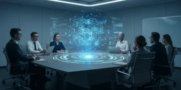 Holographic projection in a modern US enterprise boardroom, showcasing future collaboration