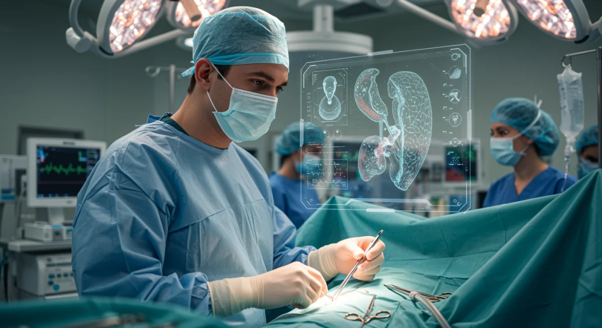 Surgeon using holographic display for real-time medical guidance