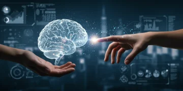 Human hand interacting with transparent AI brain, symbolizing trust and understanding in artificial intelligence decisions.