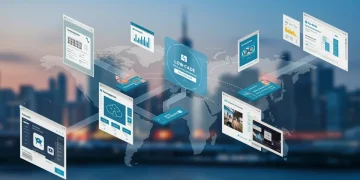 Futuristic low-code development platform interface with interconnected applications and data flowing, representing the US market in 2026.