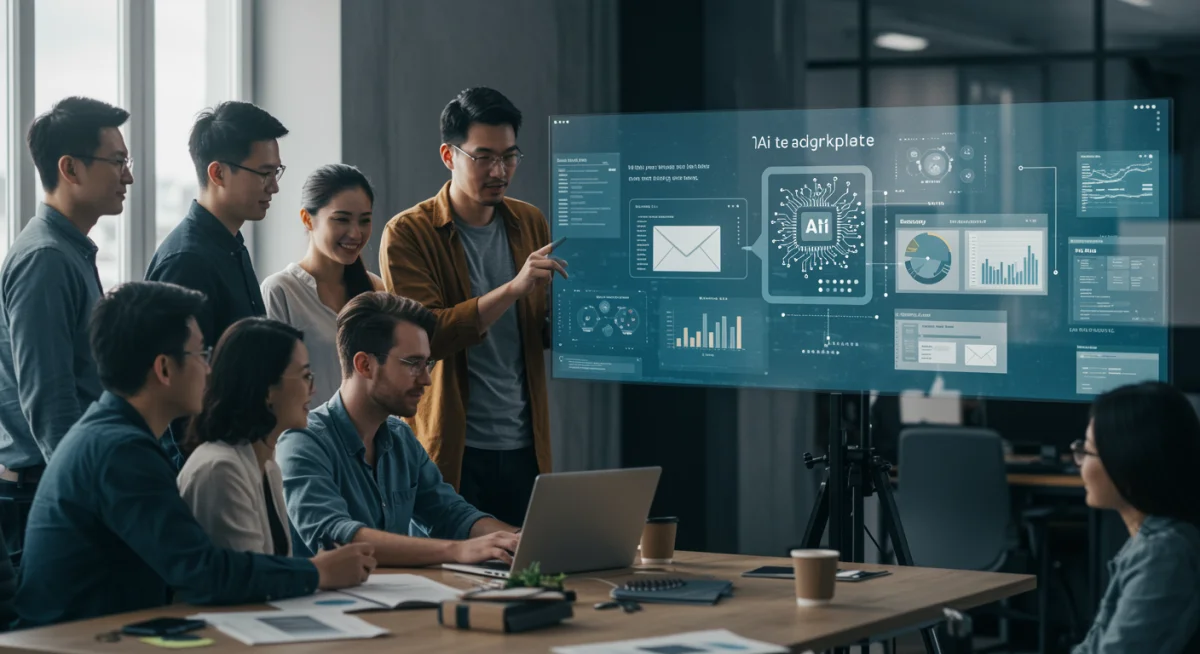 Marketing team collaborating with AI-generated content