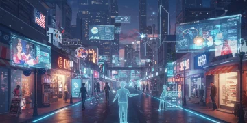 Futuristic metaverse cityscape with digital avatars and virtual businesses, symbolizing new economic opportunities.