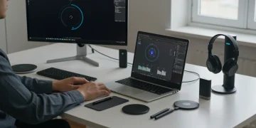 Modern desk setup with productivity gadgets and a person working efficiently
