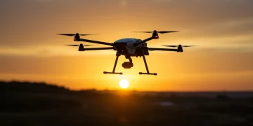 Modern drone hovering over a scenic landscape at sunset, capturing a high-resolution image.