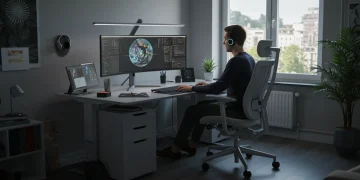 Modern home office setup with advanced gadgets for enhanced productivity and comfort in 2026.