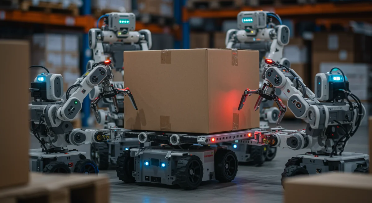 Modular robots cooperatively handling packages in a warehouse.