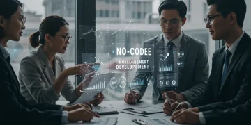 Why US Businesses Adopt No-Code: 25% Faster Time-to-Market Business professionals collaborating with no-code software for rapid development