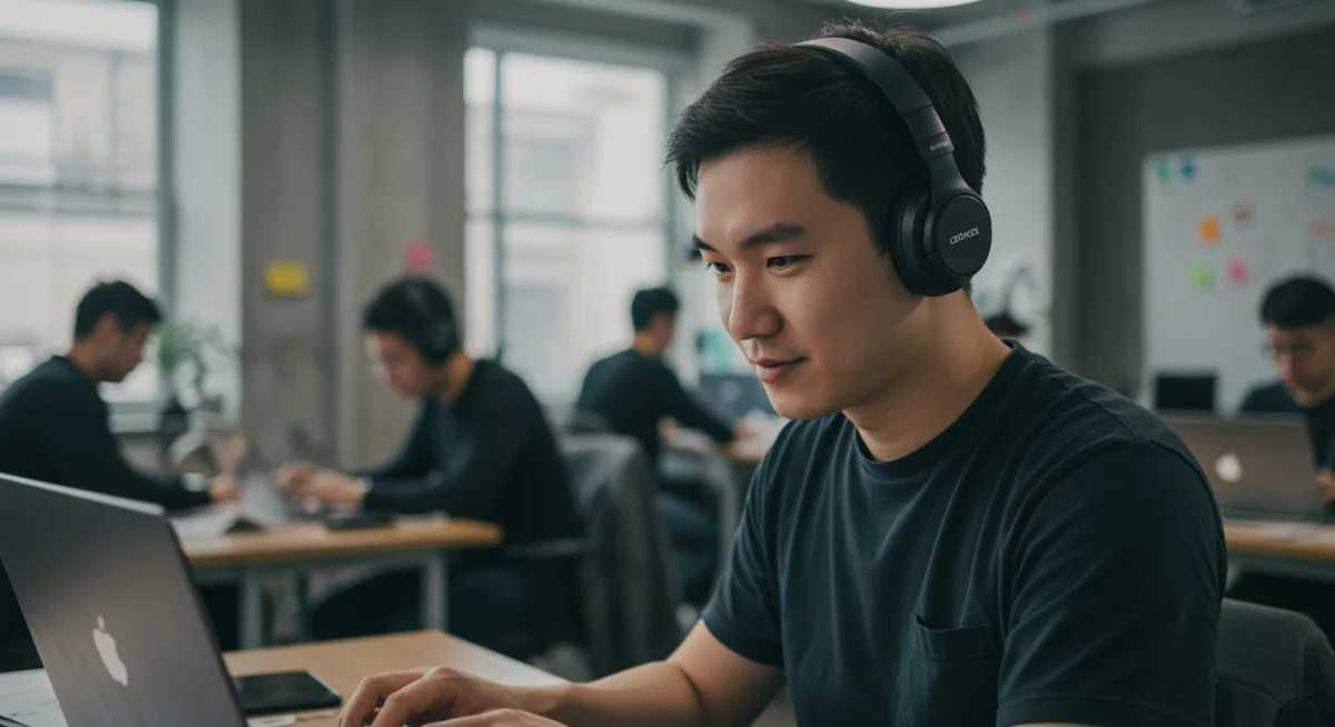 Person focused with noise-canceling headphones in a co-working space