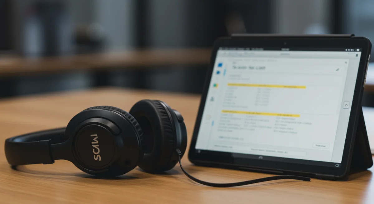 Noise-canceling headphones and tablet with to-do list app on a desk