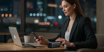 Professional using a portable power bank to charge devices