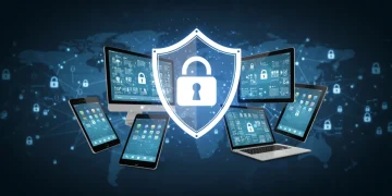 Digital devices protected by a glowing security shield, emphasizing gadget security features