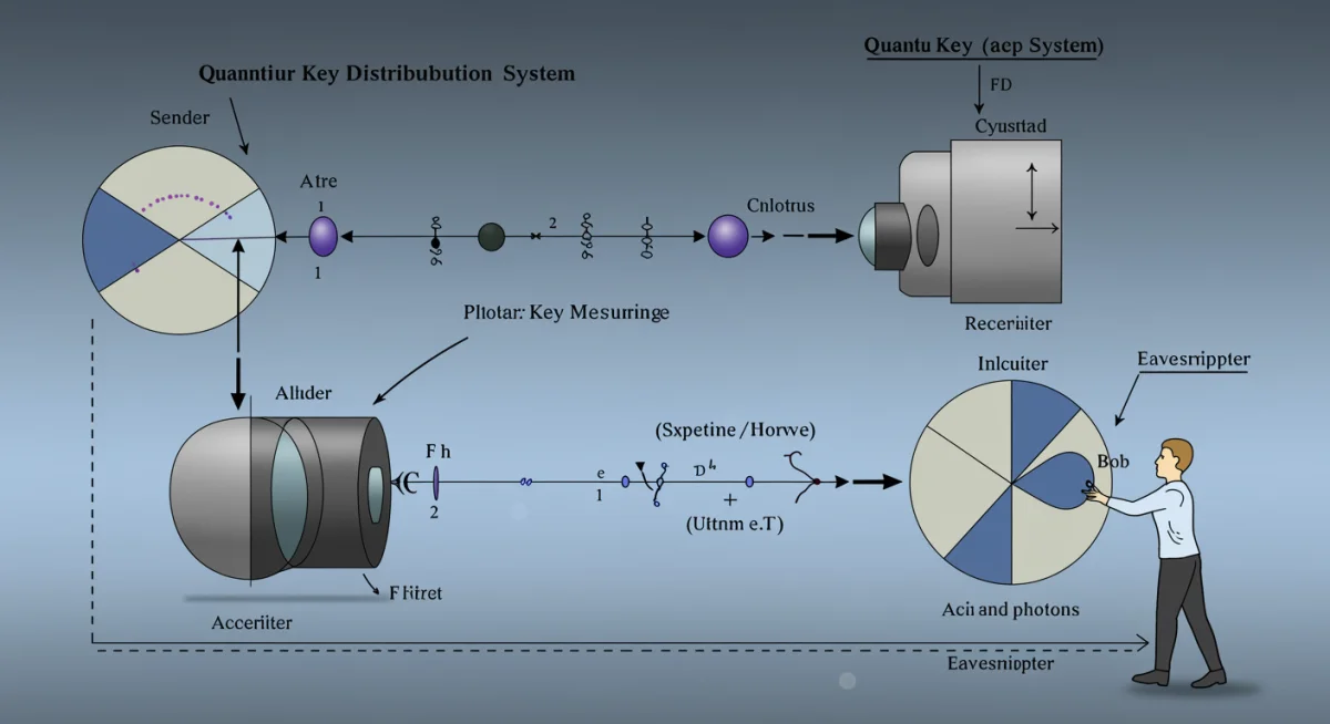Illustration of quantum key distribution (QKD) process with Alice, Bob, and Eve