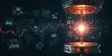 Quantum computer influencing financial, healthcare, and logistics sectors with glowing connections.