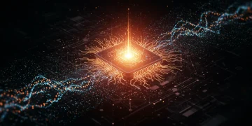 Quantum computing processor with glowing circuits and data streams, representing advanced software development.