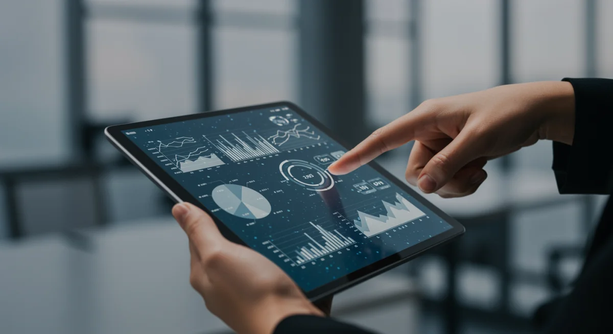 Hand interacting with a tablet showing real-time data dashboards.