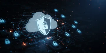 Digital shield protecting cloud data, representing advanced SaaS security measures.