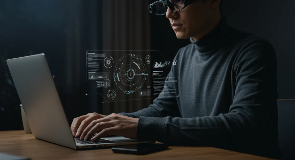 Person using smart glasses for enhanced productivity and focus during work.