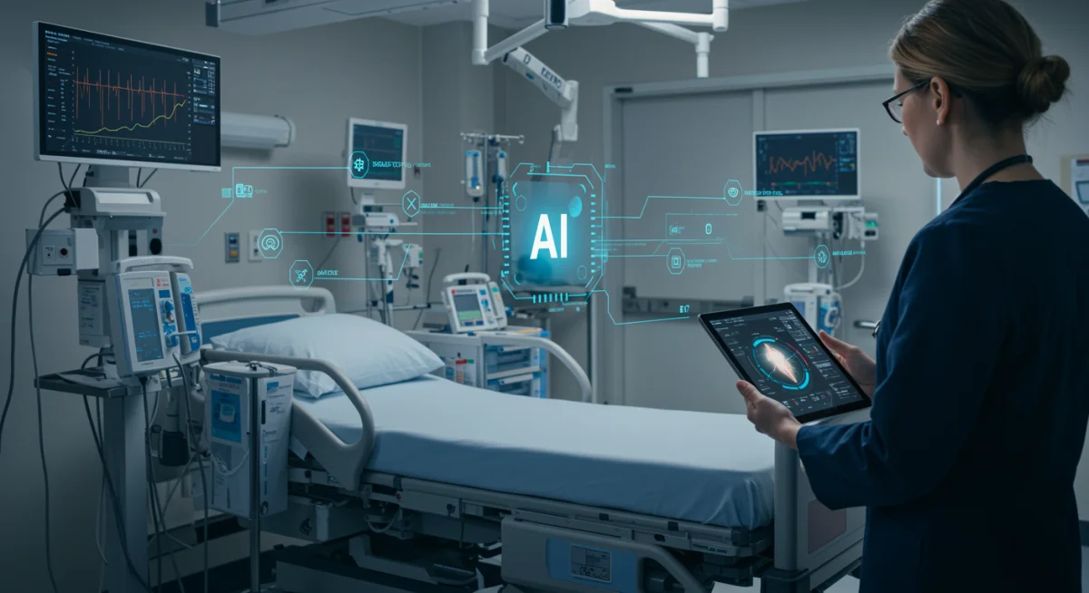 Smart hospital room with connected medical devices and AI diagnostics, illustrating Edge AI in healthcare.
