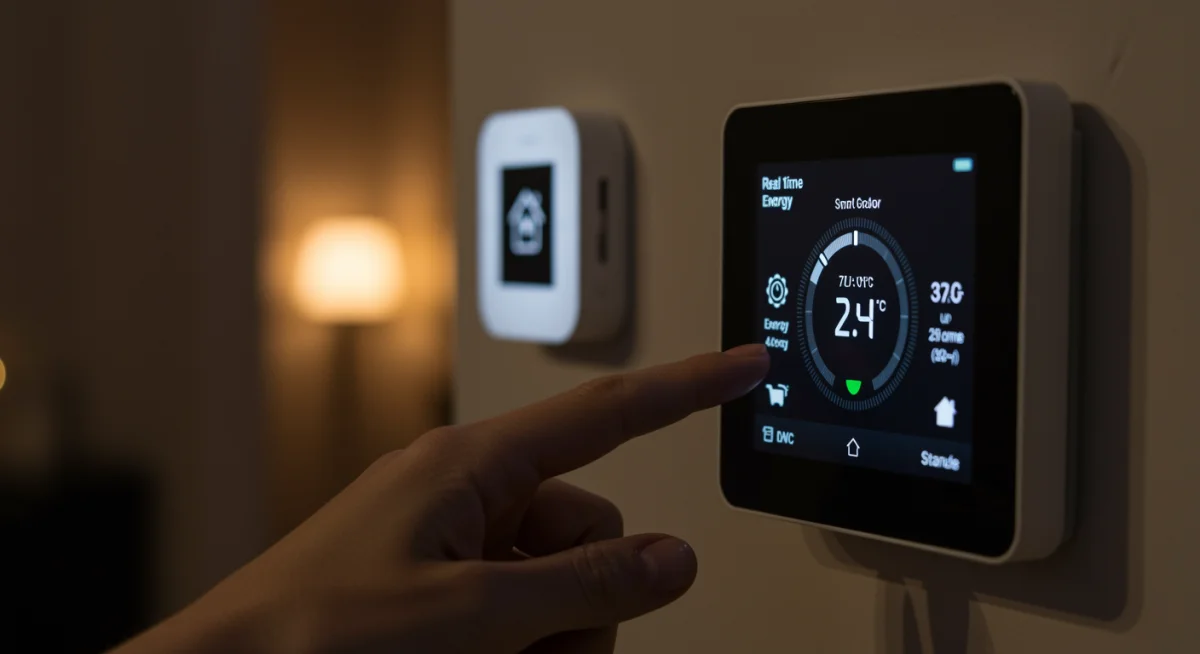Smart thermostat displaying energy efficiency data control