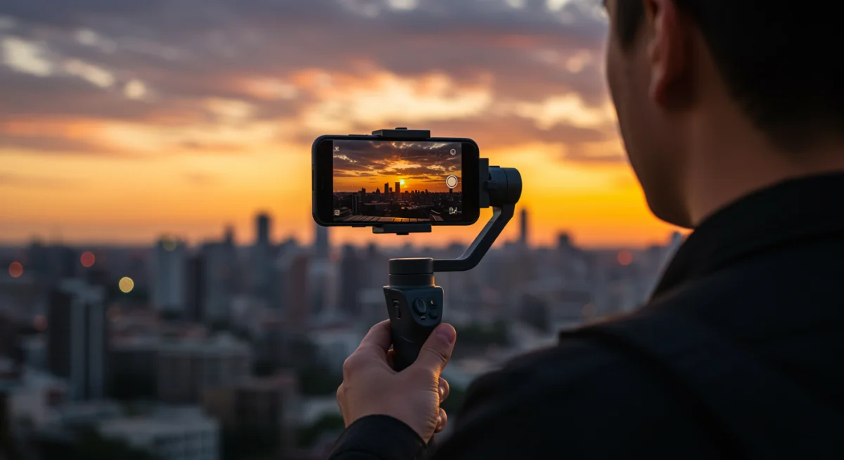 Amateur photographer using a smartphone gimbal to capture a steady sunset shot